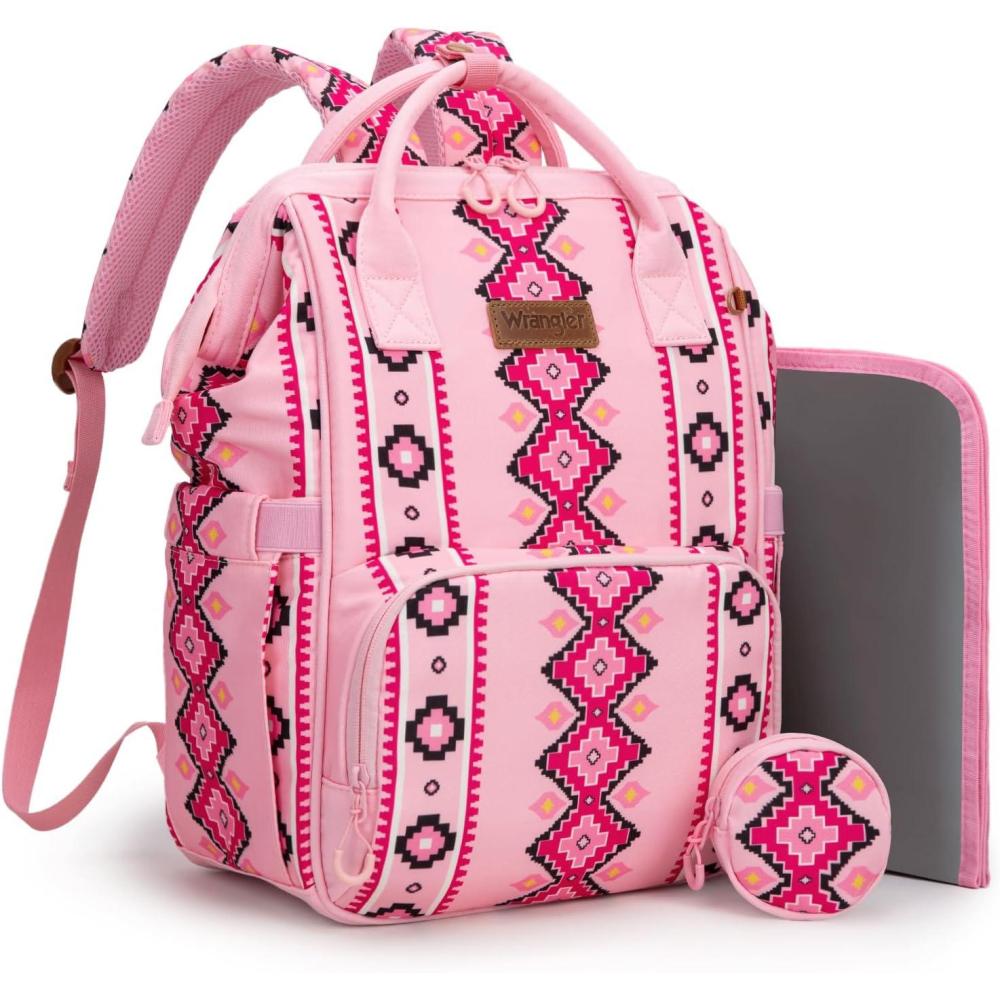 imageMontana West Wrangler Diaper Bag Backpack Aztec Travel Backpack Purses Western MultiFunction Baby Bags for Mom with Waterproof Insulated Pockets3pcs Pink
