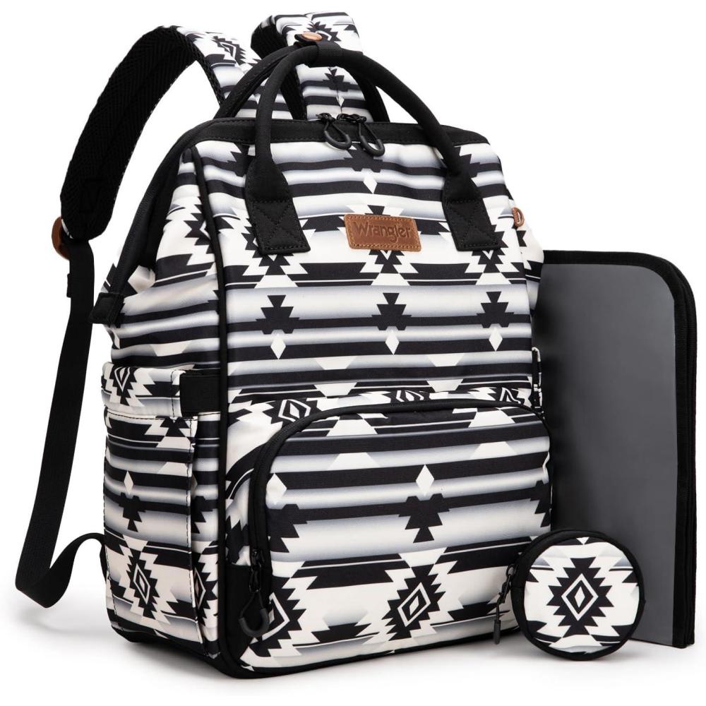 imageMontana West Wrangler Diaper Bag Backpack Aztec Travel Backpack Purses Western MultiFunction Baby Bags for Mom with Waterproof Insulated PocketsBlack