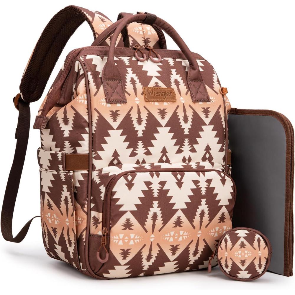 imageMontana West Wrangler Diaper Bag Backpack Aztec Travel Backpack Purses Western MultiFunction Baby Bags for Mom with Waterproof Insulated PocketsBrown