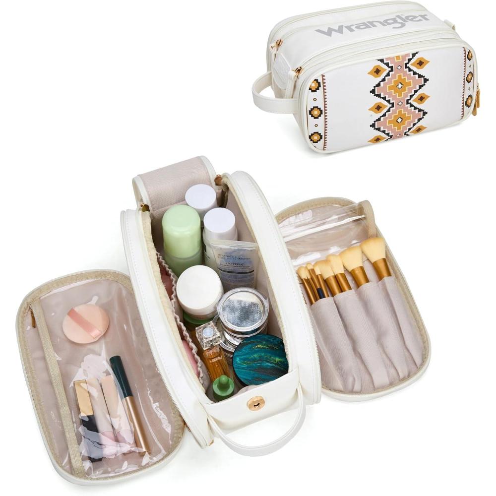 imageMontana West X Wrangler Large Makeup Bag Travel Toiletry Bag Portable Cosmetic Bag Make Up Organizer with Divider and Handle for WomenAztecTan