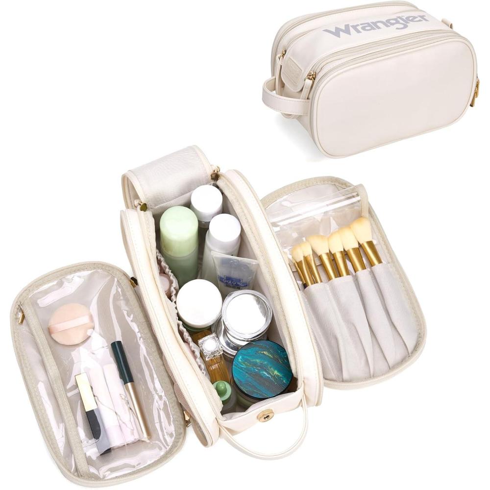 imageMontana West X Wrangler Large Makeup Bag Travel Toiletry Bag Portable Cosmetic Bag Make Up Organizer with Divider and Handle for WomenBeige
