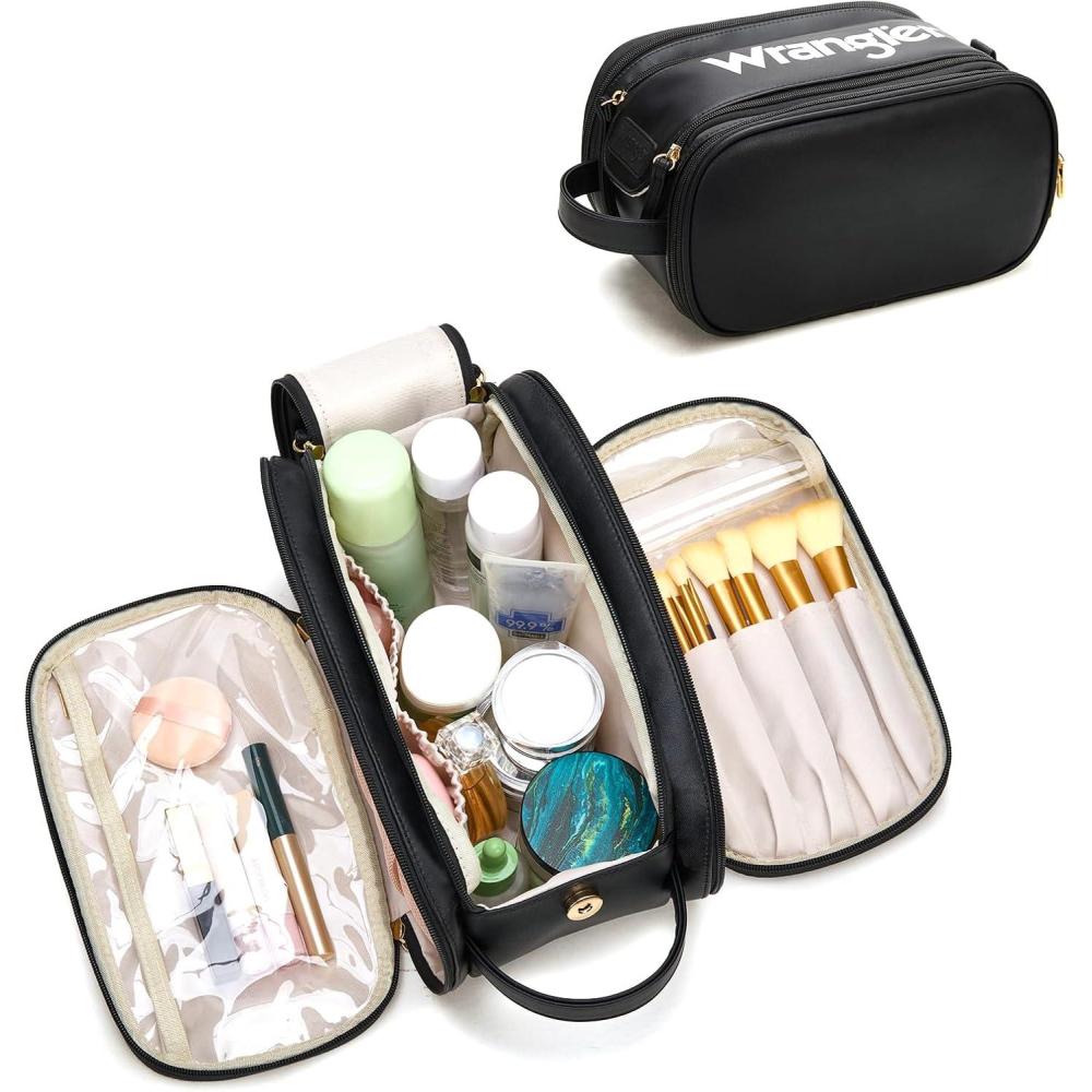 imageMontana West X Wrangler Large Makeup Bag Travel Toiletry Bag Portable Cosmetic Bag Make Up Organizer with Divider and Handle for WomenBlack