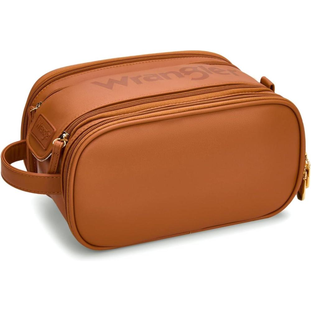 imageMontana West X Wrangler Large Makeup Bag Travel Toiletry Bag Portable Cosmetic Bag Make Up Organizer with Divider and Handle for WomenBrown