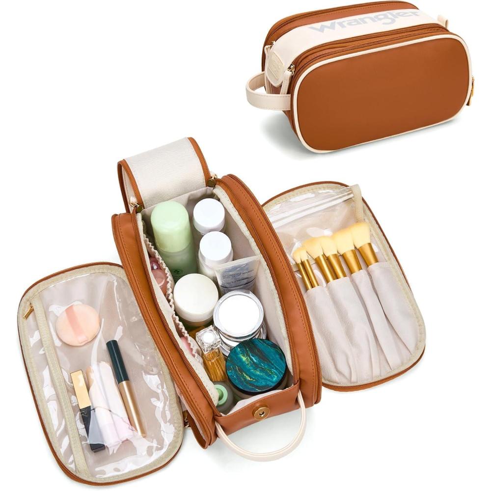 imageMontana West X Wrangler Large Makeup Bag Travel Toiletry Bag Portable Cosmetic Bag Make Up Organizer with Divider and Handle for WomenBrownTan