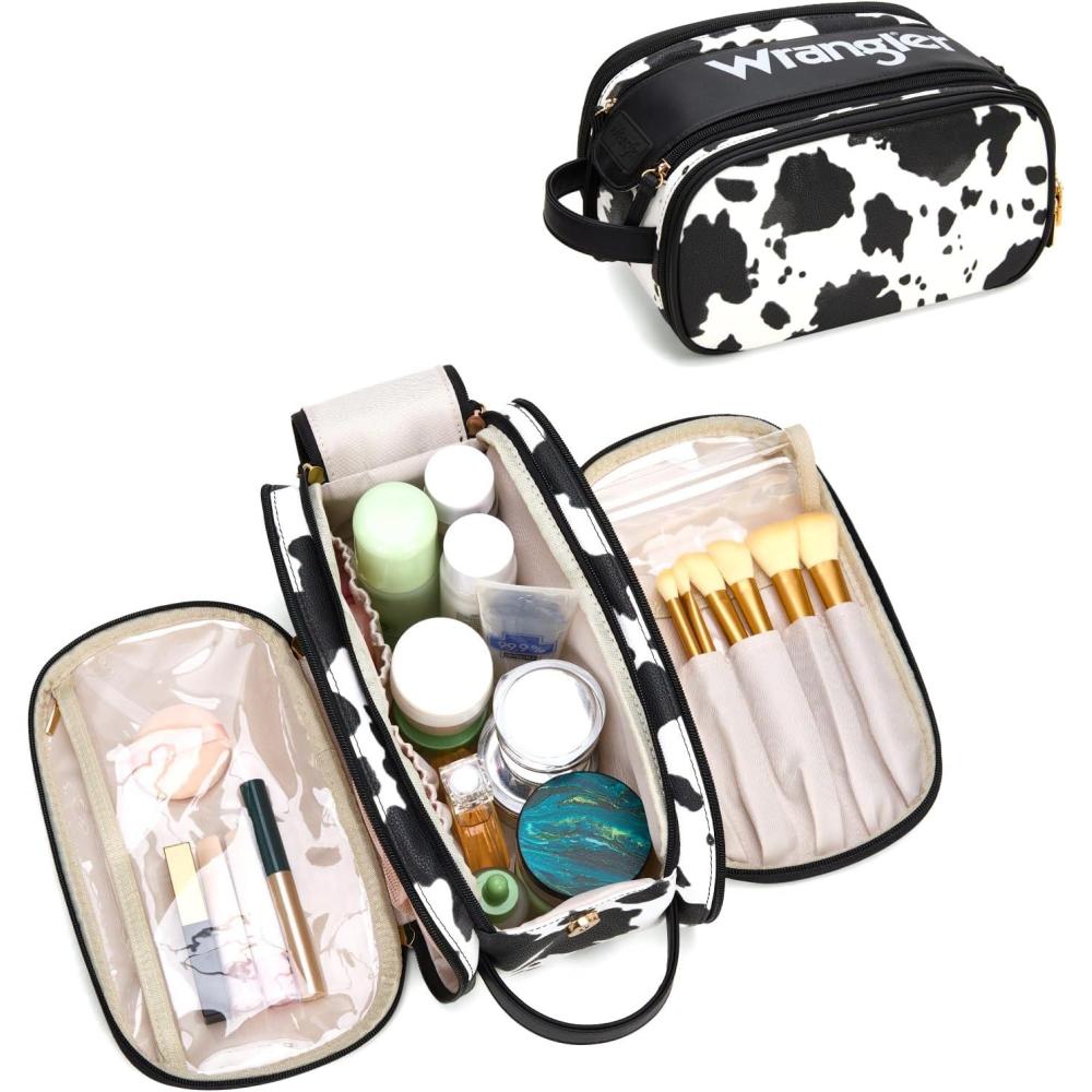 imageMontana West X Wrangler Large Makeup Bag Travel Toiletry Bag Portable Cosmetic Bag Make Up Organizer with Divider and Handle for WomenCowBlack