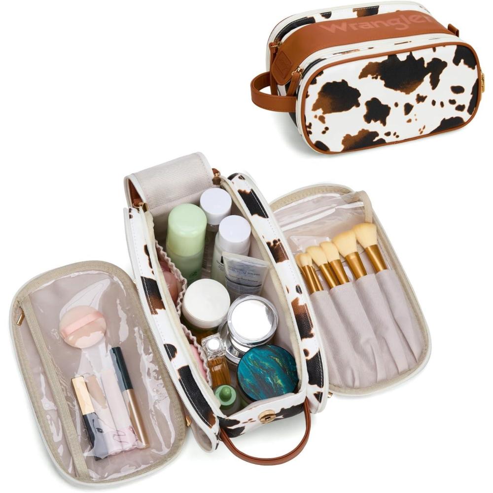 imageMontana West X Wrangler Large Makeup Bag Travel Toiletry Bag Portable Cosmetic Bag Make Up Organizer with Divider and Handle for WomenCowBrown