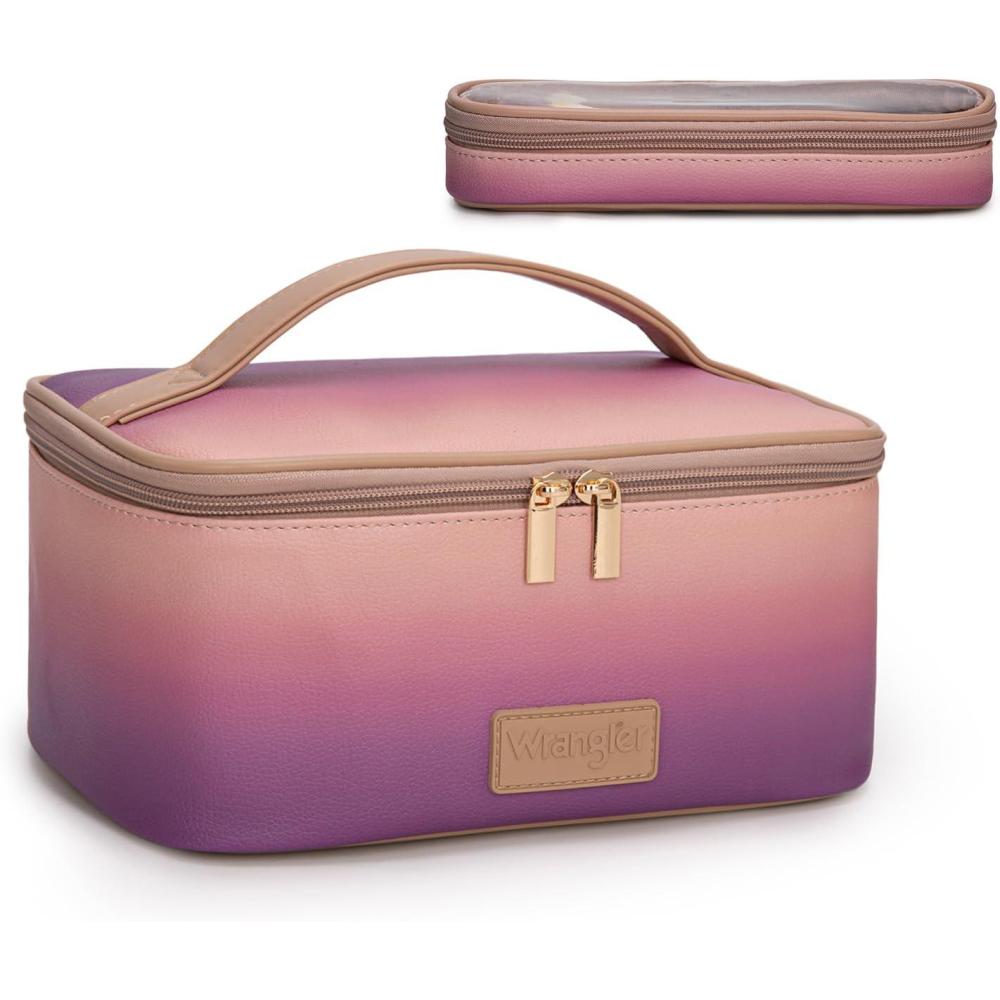 imageMontana West X Wrangler Travel Makeup Bag 2pcs Set Large Cosmetic Bag with Makeup Brush Holder Portable Make Up Organizer Cute Toiletry Bag with Divider and Handle for Women Cow BlackPurple