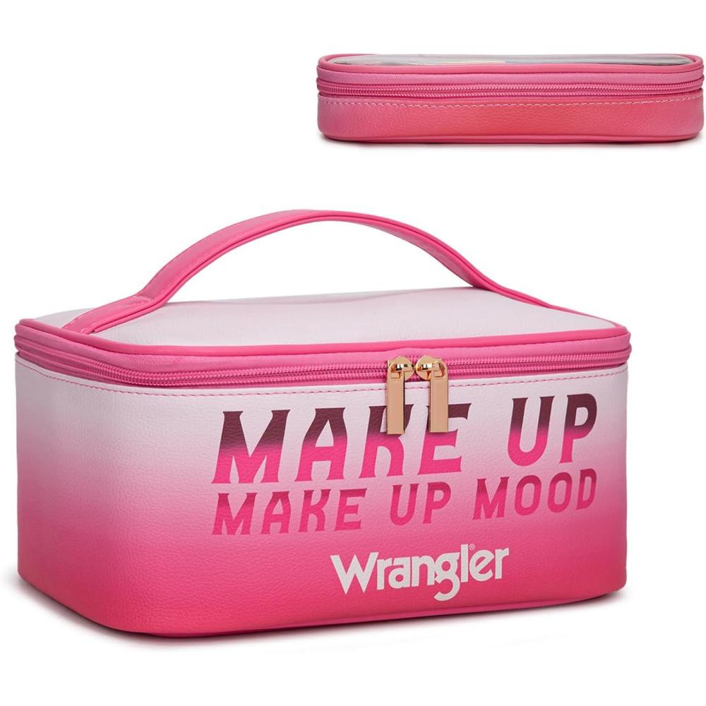imageMontana West X Wrangler Travel Makeup Bag 2pcs Set Large Cosmetic Bag with Makeup Brush Holder Portable Make Up Organizer Cute Toiletry Bag with Divider and Handle for Women Cow BlackBeigePink