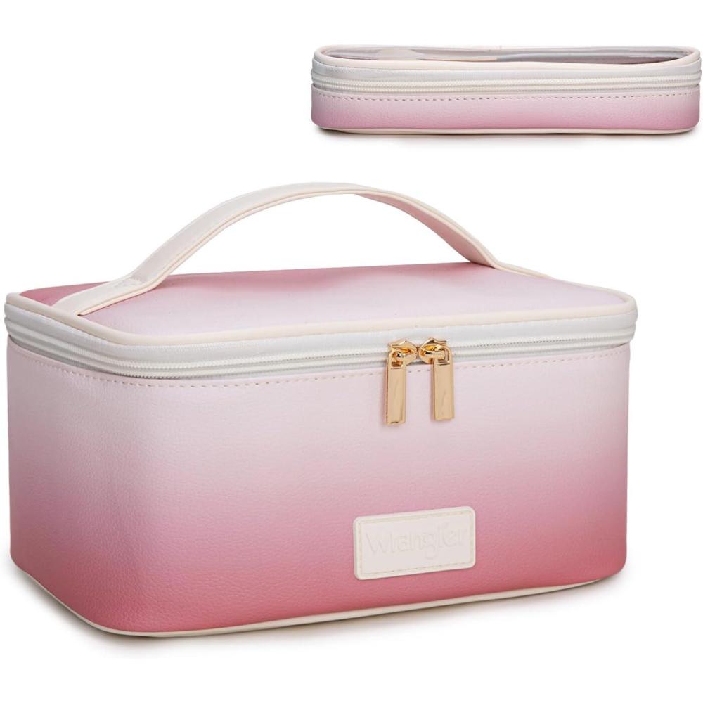 imageMontana West X Wrangler Travel Makeup Bag 2pcs Set Large Cosmetic Bag with Makeup Brush Holder Portable Make Up Organizer Cute Toiletry Bag with Divider and Handle for Women Cow BlackKhakiTan