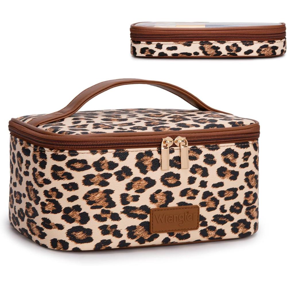 imageMontana West X Wrangler Travel Makeup Bag 2pcs Set Large Cosmetic Bag with Makeup Brush Holder Portable Make Up Organizer Cute Toiletry Bag with Divider and Handle for Women Cow BlackLeopard