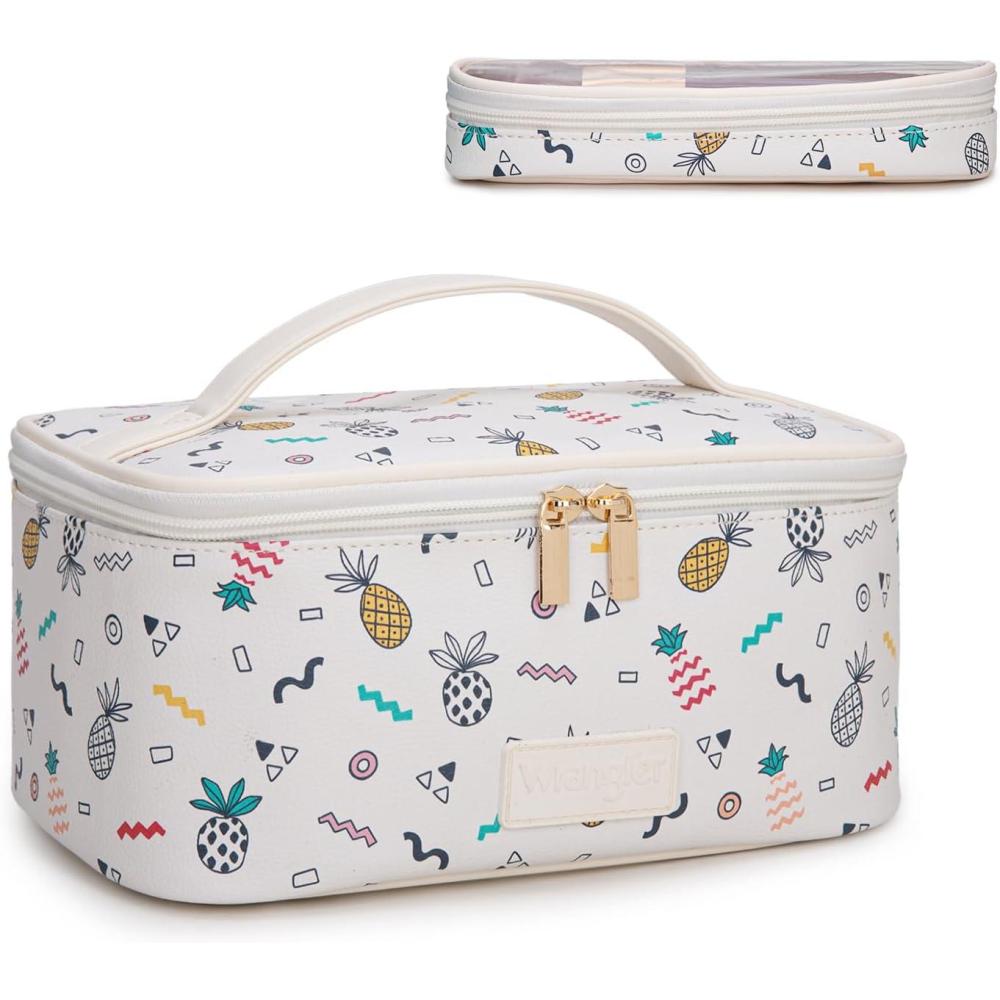 imageMontana West X Wrangler Travel Makeup Bag 2pcs Set Large Cosmetic Bag with Makeup Brush Holder Portable Make Up Organizer Cute Toiletry Bag with Divider and Handle for Women Cow BlackBeige