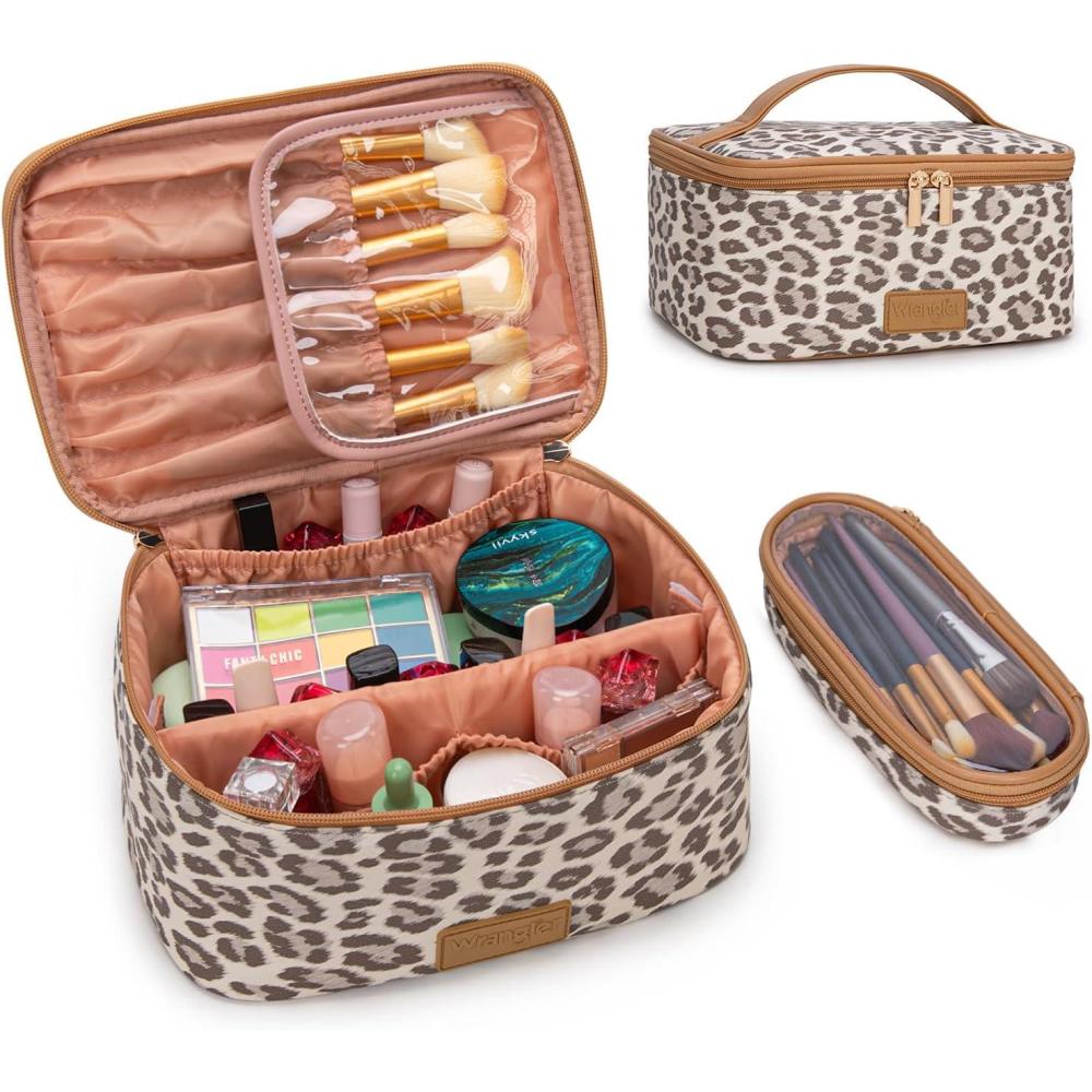 imageMontana West X Wrangler Travel Makeup Bag 2pcs Set Large Cosmetic Bag with Makeup Brush Holder Portable Make Up Organizer Cute Toiletry Bag with Divider and Handle for Women Cow BlackLeopardKhaki