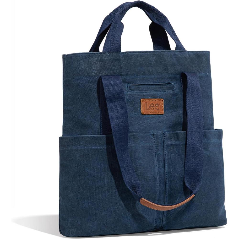 imageMontana West x Lee Canvas Tote Bag for Women with 2 Front Pockets TopHandle Handbag ampamp Shoulder BagWaxed Canvasblue