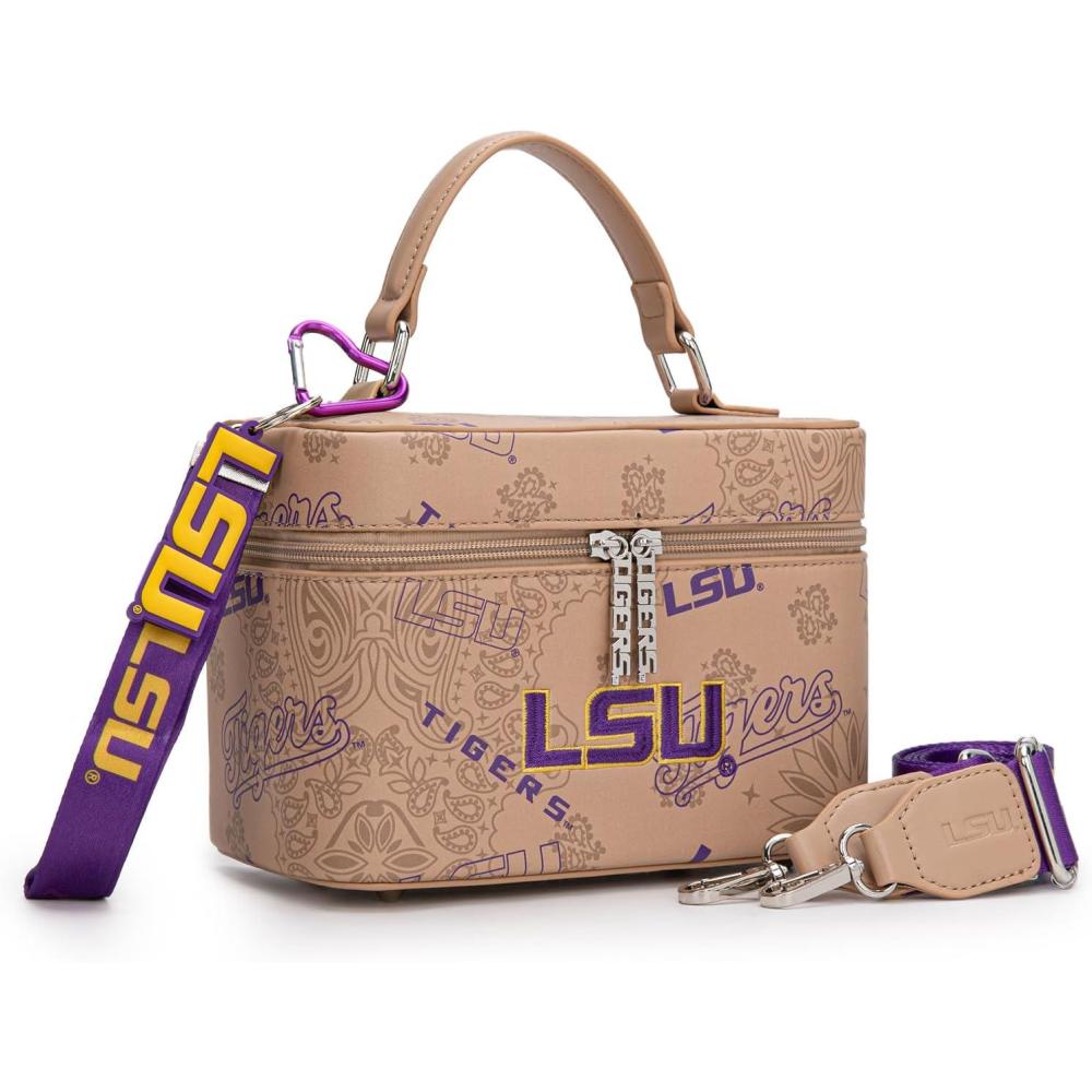 imageNCAA Officially Licensed Crossbody Box Purse  Game Day Top Handle Handbag with Adjustable Strap ampamp Charm Makeup BagLouisiana State Universitykhaki