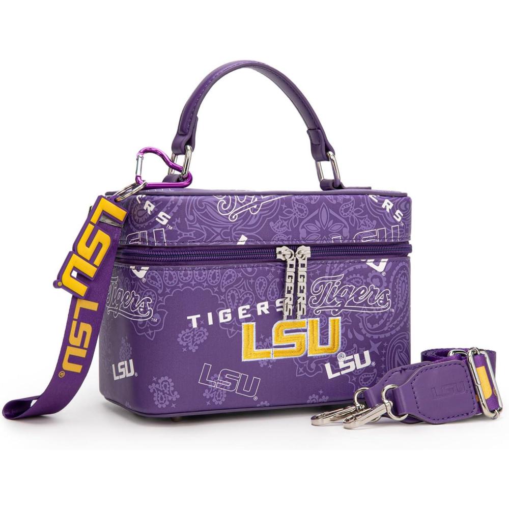 imageNCAA Officially Licensed Crossbody Box Purse  Game Day Top Handle Handbag with Adjustable Strap ampamp Charm Makeup BagLouisiana State Universitypurple