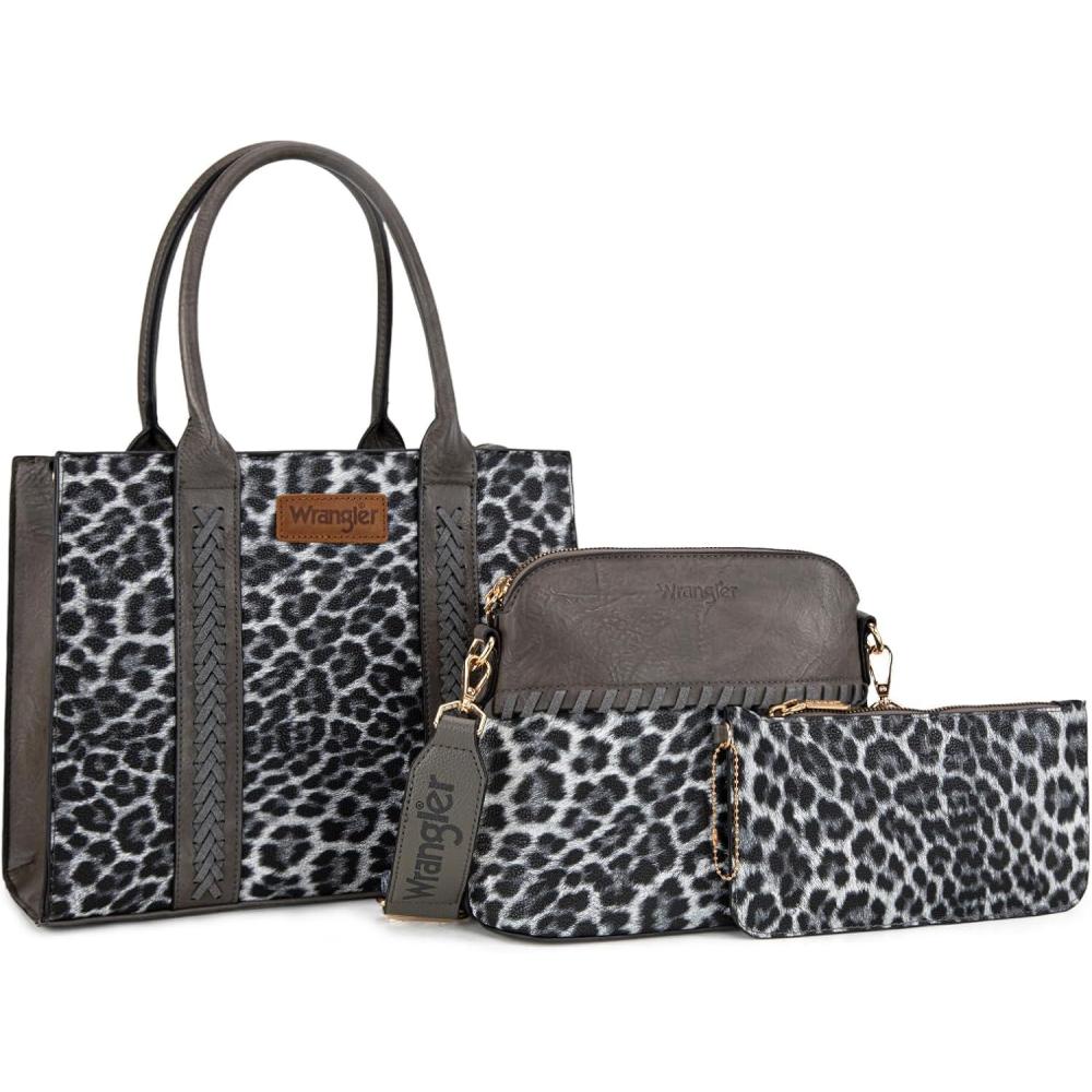 imageWrangler 3Pcs Purses for Women Tote Bag Crossbody Handbag Sets with StrapLeopard Grey