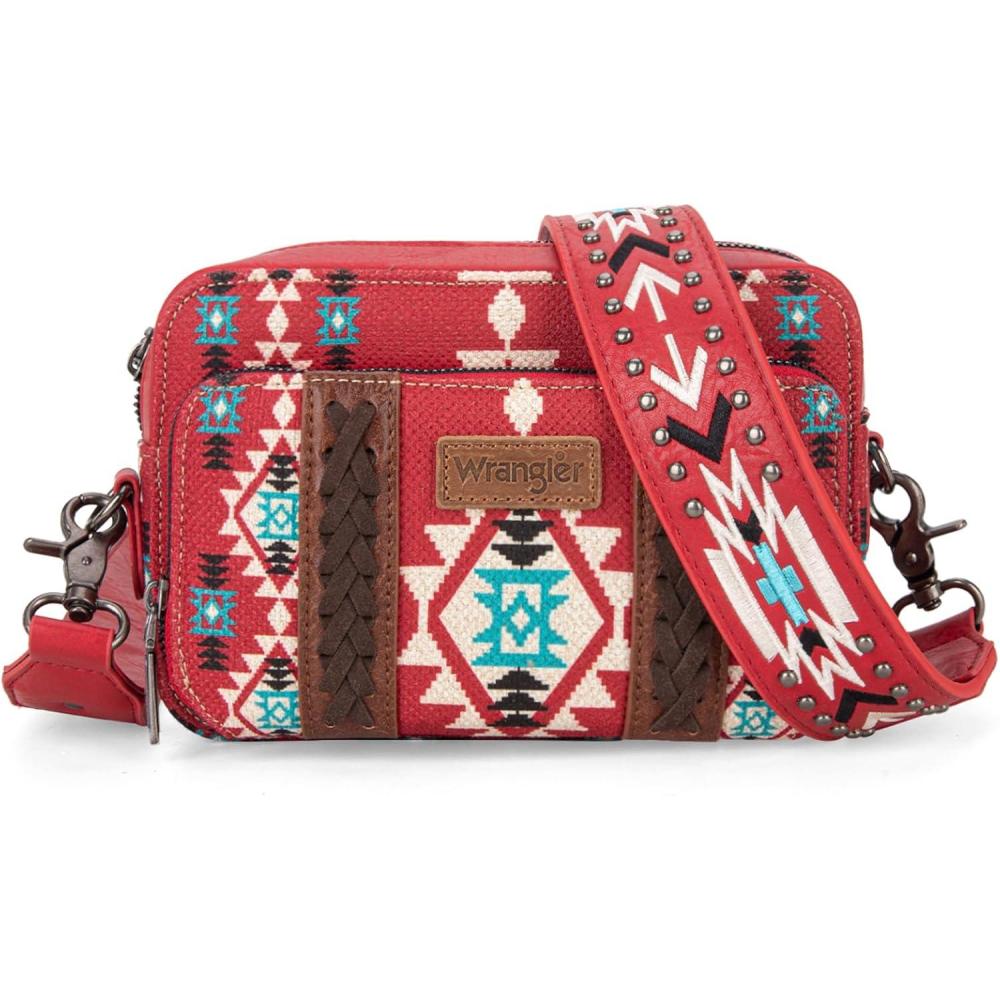 imageWrangler Crossbody Bag for Women Boho Aztec Small Multi Pocket Crossover PurseAngel Diamond Burgundy With Adjustable Strap