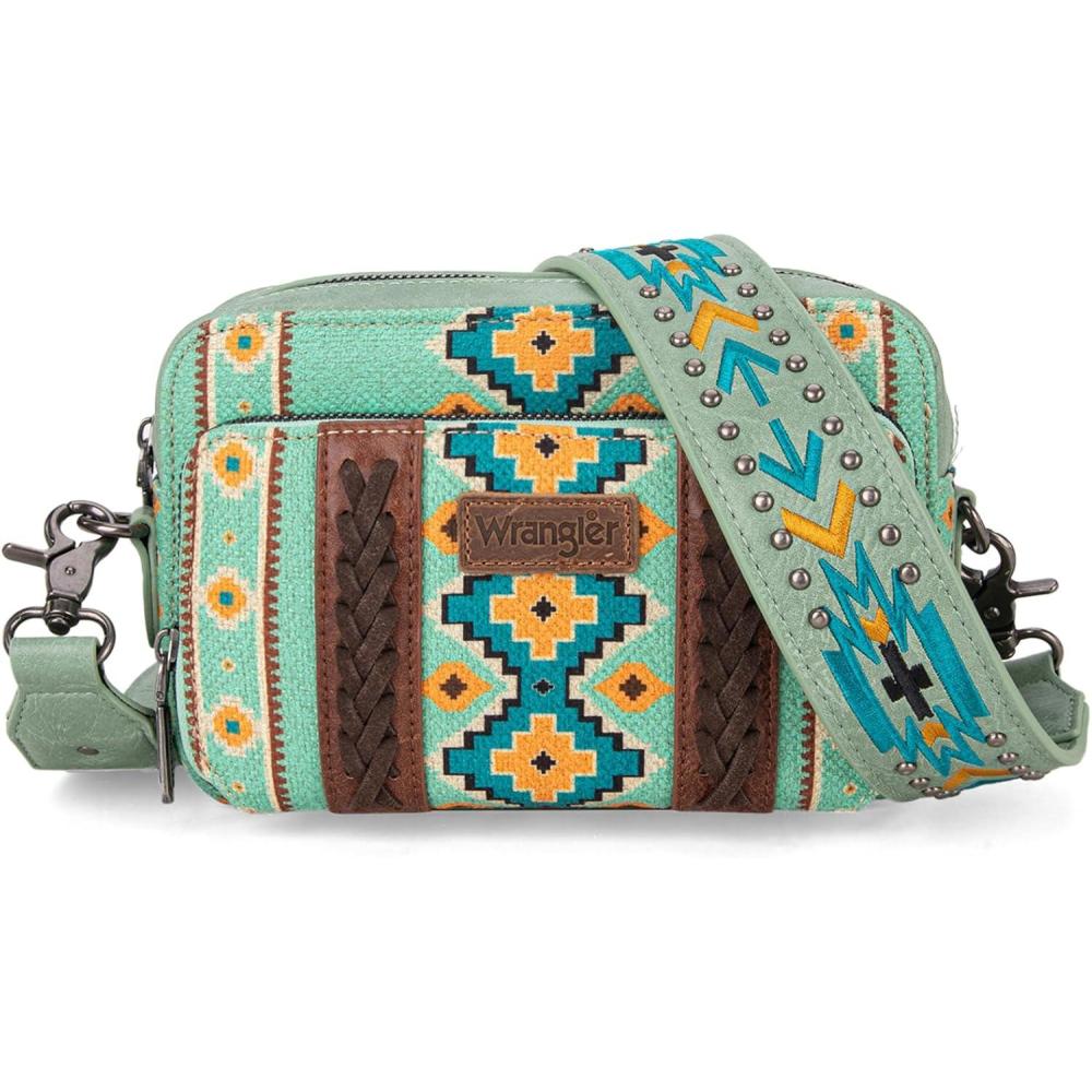 imageWrangler Crossbody Bag for Women Boho Aztec Small Multi Pocket Crossover PurseAngel Diamond Green With Adjustable Strap