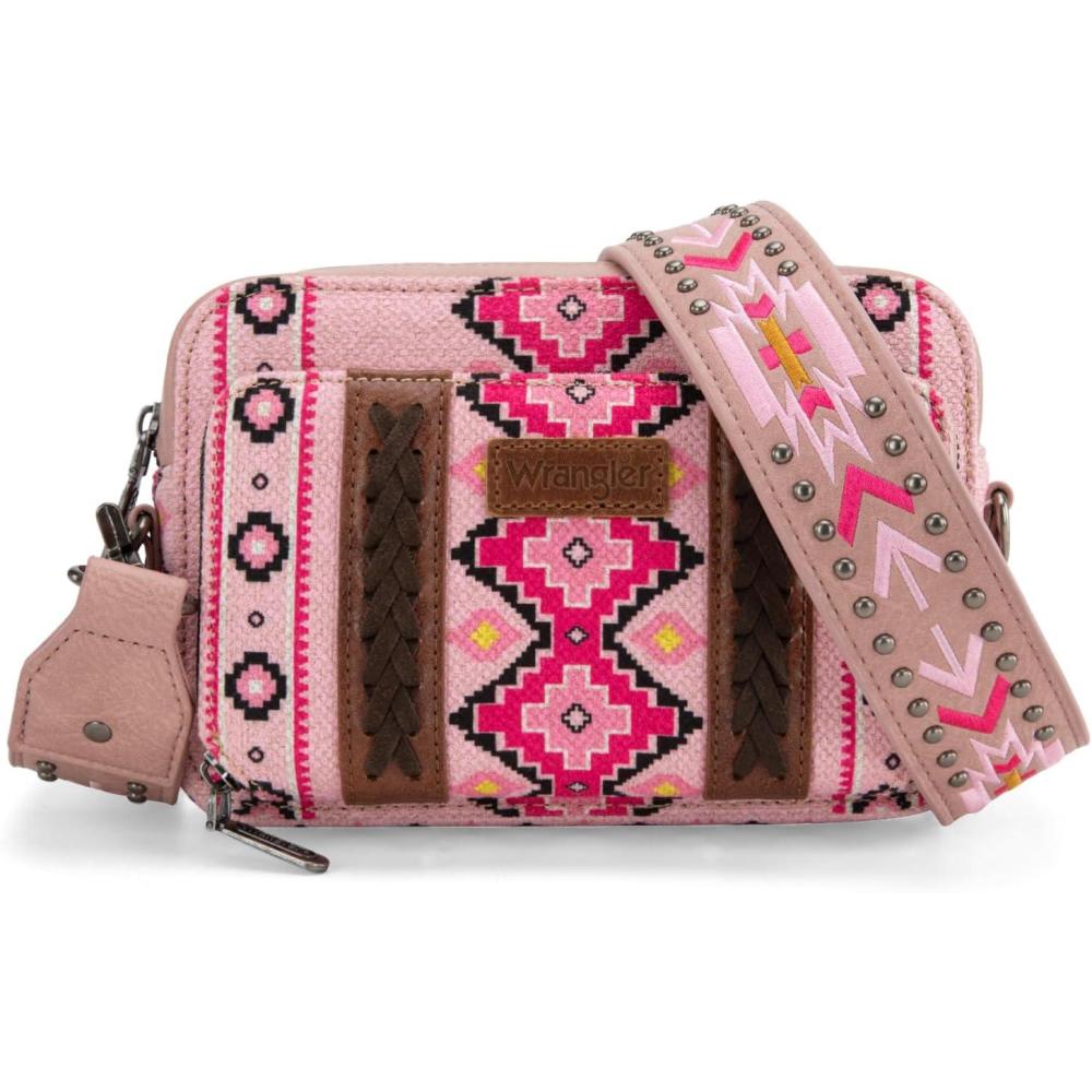 imageWrangler Crossbody Bag for Women Boho Aztec Small Multi Pocket Crossover PurseAngel Diamond Light Pink With Adjustable Strap