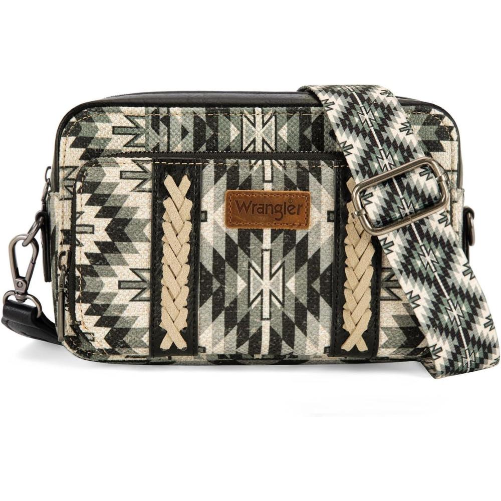 imageWrangler Crossbody Bag for Women Boho Aztec Small Multi Pocket Crossover PurseAngel Retro Black
