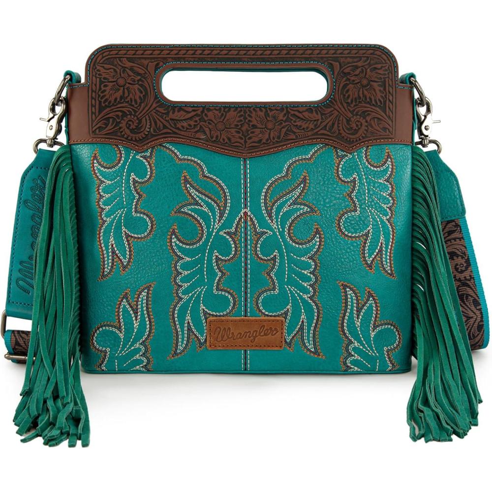 imageWrangler Crossbody Bags for Women Western Fringe Top Handle Handbags Embroidered Boot Scroll Crossbody BagBlargeturquoise