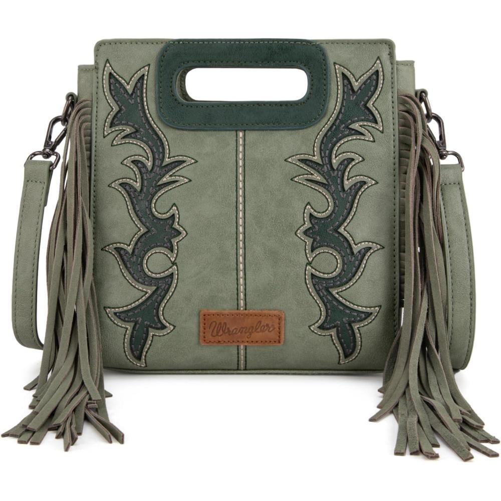 imageWrangler Crossbody Bags for Women Western Fringe Top Handle Handbags Embroidered Boot Scroll Crossbody BagEgreen