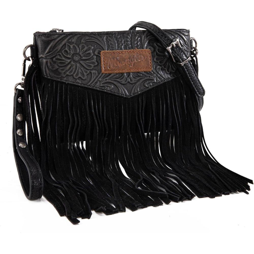imageWrangler Crossbody Small Purse for Women Wristlet Fringe Bag Western PurseAngel Black