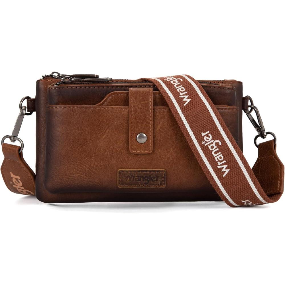 imageWrangler Crossbody Wallet Purses Multifunction Card Holder Small Purse with Double ZipperAngle Brown