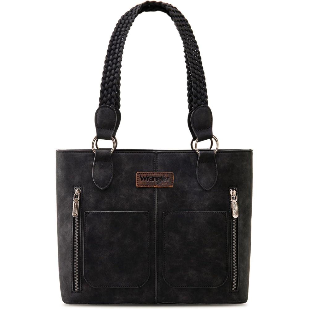 imageWrangler Distressed Tote Bag for Women Western Purse Multi Pockets Handbags and Shoulder BagBraidedrich Black