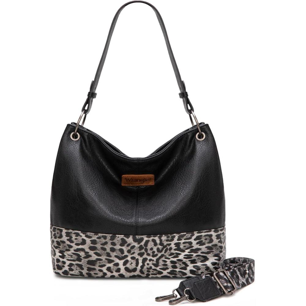 imageWrangler Hobo Bags for Women Vegan Leather Top Handle Shoulder Purses and HandbagsLeopard Black