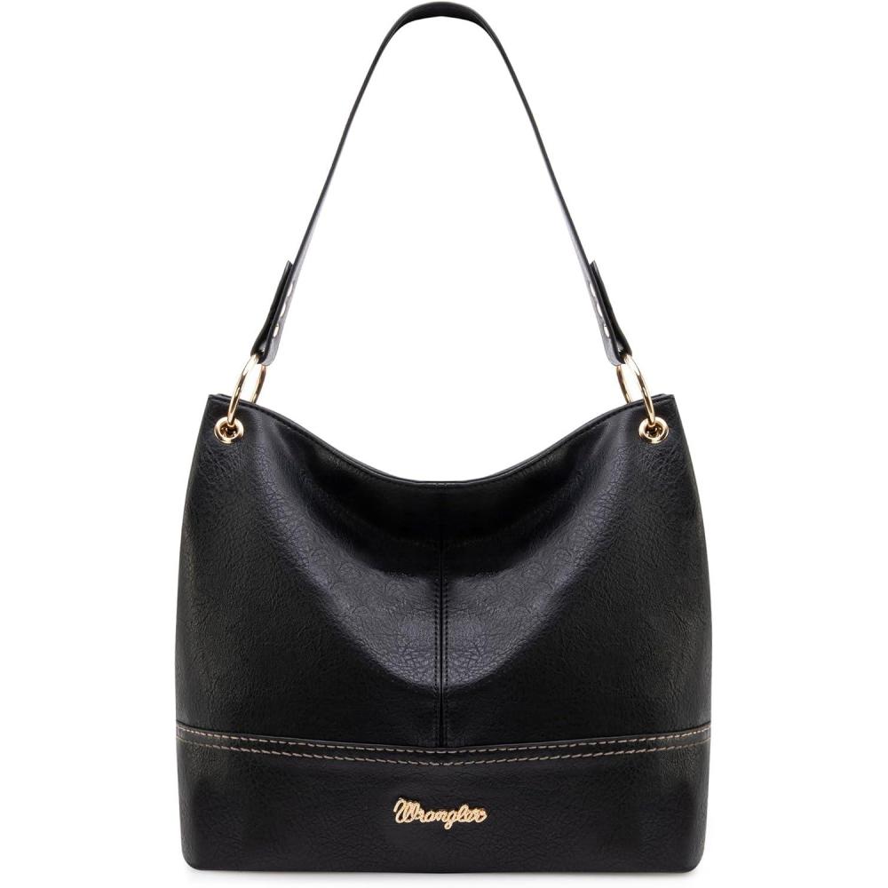 imageWrangler Hobo Bags for Women Vegan Leather Top Handle Shoulder Purses and HandbagsSolid Black