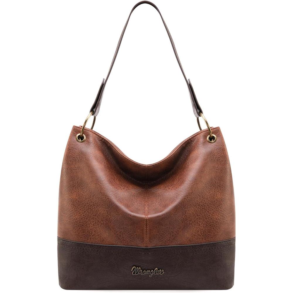 imageWrangler Hobo Bags for Women Vegan Leather Top Handle Shoulder Purses and HandbagsTwo Tone Brown