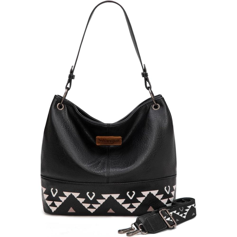 imageWrangler Hobo Bags for Women Vegan Leather Top Handle Shoulder Purses and HandbagsWestern Black