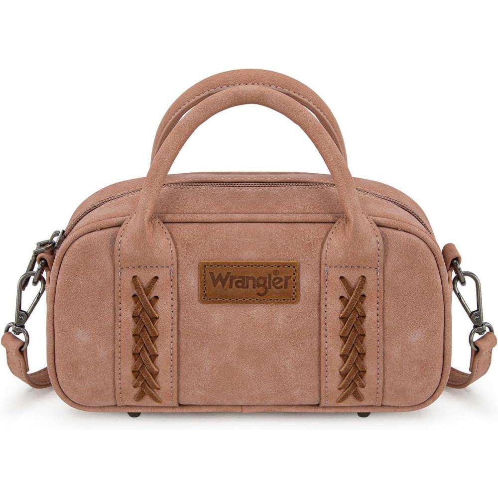 imageWrangler Small Crossbody Purses for Women Boston Barrel Bag Mini Top Handle Bags with Crossbody StrapDawn Pink