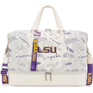 LSU Tigers Officially Licensed Duffle Bag – Water-Resistant Gym Duffel with Shoe & Wet Compartment, Weekender Carry-On Bag for Travel, Sports & Fitness | Purple, NCAA(LSU-Beige)