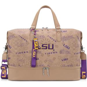LSU Tigers Officially Licensed Duffle Bag – Water-Resistant Gym Duffel with Shoe & Wet Compartment, Weekender Carry-On Bag for Travel, Sports & Fitness | Purple, NCAA(LSU-Khaki)