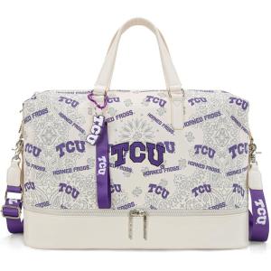 LSU Tigers Officially Licensed Duffle Bag – Water-Resistant Gym Duffel with Shoe & Wet Compartment, Weekender Carry-On Bag for Travel, Sports & Fitness | Purple, NCAA(TCU-Beige)