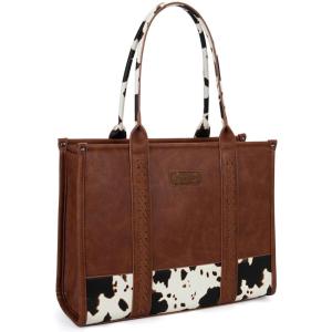 Montana West × Wrangler Tote Bag for Women Western Cow Print Purse Designer Top Handle Handbags(L Brown)