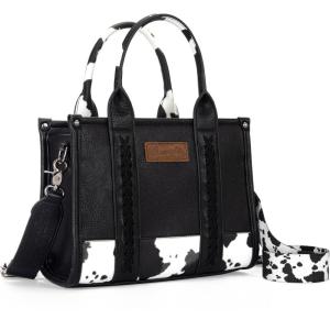 Montana West × Wrangler Tote Bag for Women Western Cow Print Purse Designer Top Handle Handbags(M Black-guitar Strap)
