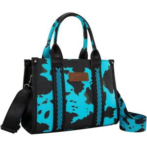Montana West × Wrangler Tote Bag for Women Western Cow Print Purse Designer Top Handle Handbags(M-cow Print Turquoise)