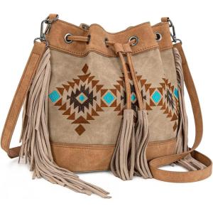 Montana West Aztec Bucket Bags for Women Western Fringe Crossbody Bag Ladies Vintage Drawstring Bucket Bag(Aztec-tan)
