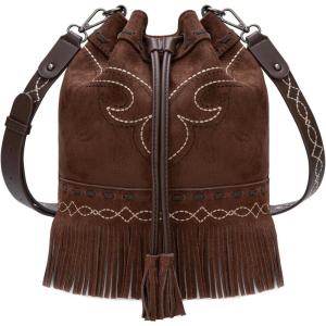 Montana West Aztec Bucket Bags for Women Western Fringe Crossbody Bag Ladies Vintage Drawstring Bucket Bag(Embroidered-coffee)
