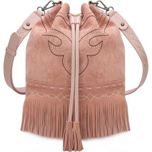 Montana West Aztec Bucket Bags for Women Western Fringe Crossbody Bag Ladies Vintage Drawstring Bucket Bag(Embroidered-dark Pink)
