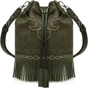 Montana West Aztec Bucket Bags for Women Western Fringe Crossbody Bag Ladies Vintage Drawstring Bucket Bag(Embroidered-green)