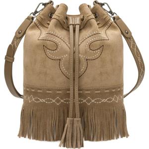 Montana West Aztec Bucket Bags for Women Western Fringe Crossbody Bag Ladies Vintage Drawstring Bucket Bag(Embroidered-khaki)