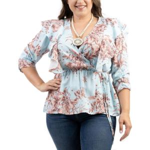 Montana West Floral Plus Size Tops for Women Wrap Peplum Top Blouses Tops Plus Size Shirts V Neck AB-TS1013BL-3XL Blue 3X-Large