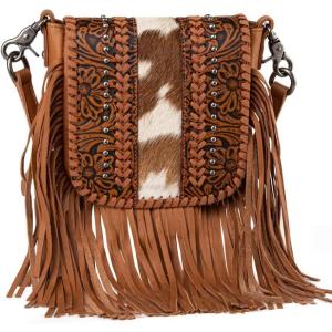 Montana West Fringe Purse Western Purses for Women Crossbody Bag(E3-floral Tooled With Hair-on Cowhide-brown)