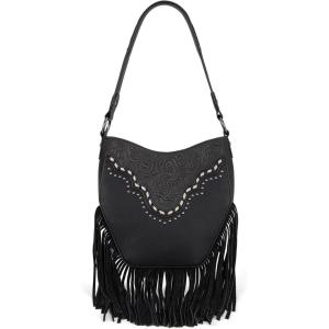 Montana West Fringe Shoulder Bag for Women Western Tooled Hobo Tote Bag Purses(Fringe-black)