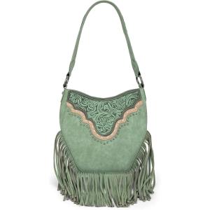 Montana West Fringe Shoulder Bag for Women Western Tooled Hobo Tote Bag Purses(Fringe-green)