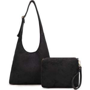 Montana West Hobo Bags Purse for Women Ultra Soft Foldable Shoulder Slouchy Handbags with Cosmetic bag(Suede-black)